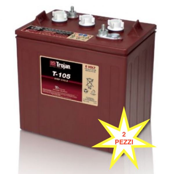 2PZ BATTERIA TROJAN T105 PLUS T105+ 225A 6V (KIT 12V) PIOMBO ACIDO GOLF-CAR PIATTAFORME SPAZZATRICI LAVASCIUGA IVA22%