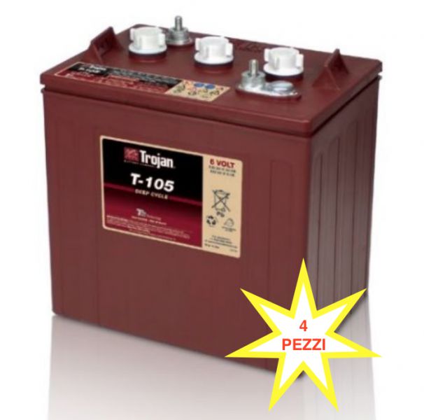 4PZ BATTERIA TROJAN T105 PLUS T105+ 225A 6V (KIT 24V) PIOMBO ACIDO GOLF-CAR PIATTAFORME SPAZZATRICI LAVASCIUGA IVA22%