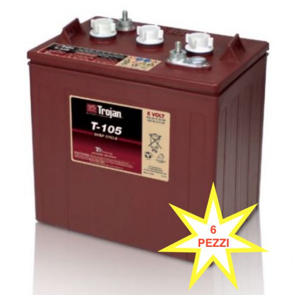 6PZ BATTERIA TROJAN T105 PLUS T105+ 225A 6V (KIT 36V) PIOMBO ACIDO GOLF-CAR PIATTAFORME SPAZZATRICI LAVASCIUGA IVA22%