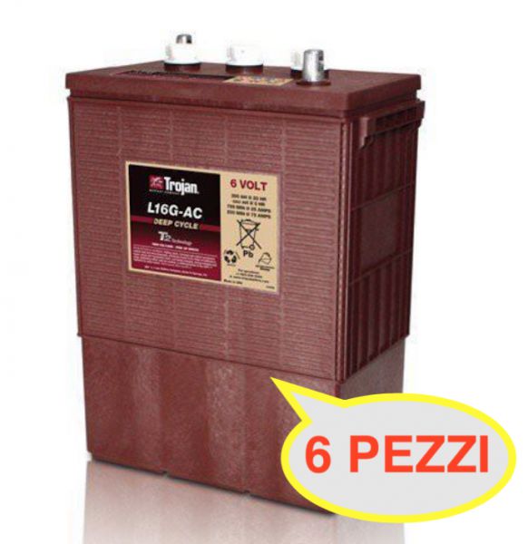 6 PEZZI BATTERIA TROJAN L 16G-AC 390A 6V  L16G-AC PIOMBO ACIDO (KIT 36V) GOLF-CAR PIATTAFORME SPAZZATRICI LAVASCIUGA IVA22%