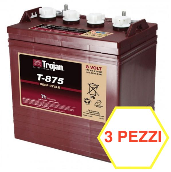 3 PEZZI BATTERIA TROJAN T-875 170A 8V  T875   (KIT 24V)  PIOMBO ACIDO GOLF-CAR PIATTAFORME SPAZZATRICI LAVASCIUGA IVA22%